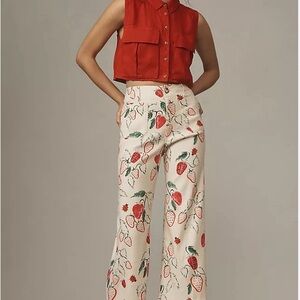 Anthropologie Colette Wide Leg cropped pants - Phthalo Ruth strawberry print